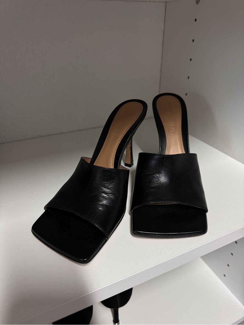 Bottega Veneta Black Leather Square-Front Mule Heels